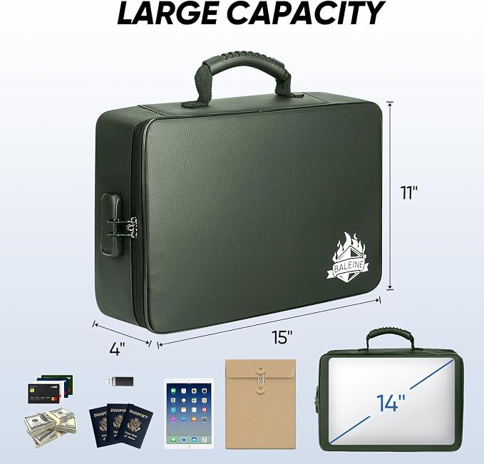 BALEINE Fireproof Document Box with Lock, Portable Fireproof Document Bag Waterproof Fire Proof File Boxes for Documents, File Organizer Box for Important Paperwork (Green, 15''x11''x4'')