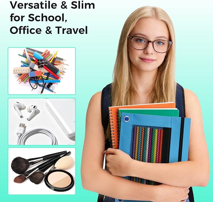 Pencil Pouch for 3 Ring Binder, Pencil Case with Zipper, 600D Fabric Pencil Pouch Bag Holder Accessories, Clear Window Pencil Case Aesthetic Back to School Organizer Pockets for Boy Girl (Sky Blue)