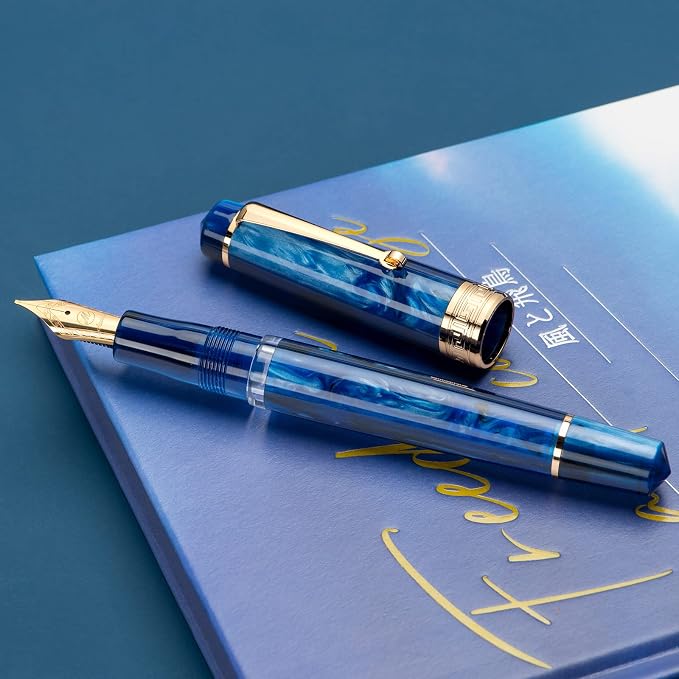 Asvine P20 Piston Fountain Pen Galaxy Blue Resin, Iridium Medium Nib Gold Trim Smooth Writer Collection with Case Set