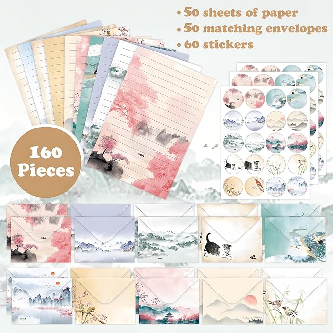 FUNCLASS 160 Pcs Ink Wash Stationery Set Letter and Envelopes | 50 Lined Stationery Paper and 50 Matching Envelopes , 5.5 x 8.25 Inches Letter Writing Stationery for Home, Office, School