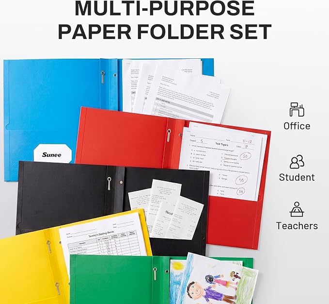 SUNEE 2 Pocket Folders with Prongs (25 Pack, Black), Paper Folders with 2 Pockets and 3 Prongs Fit Letter Size Paper, Folders with Prongs for School Office Home Business