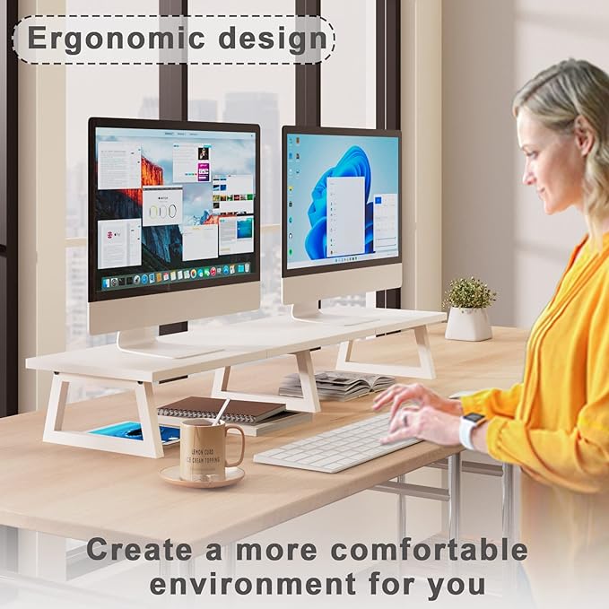 TEAMIX 42 inch Dual Monitor Riser White, Desk Organizer Stand for TV Laptop | Extra Long Stand Riser for 2 Monitors, Wood & Steel TV Riser, Holds 300lbs, Keyboard & PS5 Storage, For Home Office & Gaming
