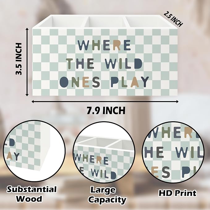 Kids Playroom Boho Pen Pencil Holder Organizer for Desk, Boy Girl Nursery Checkered Wooden Box Signs Decorations for Kids Room Playroom Classroom Desk Tabletop, Boys Girls Room Decor