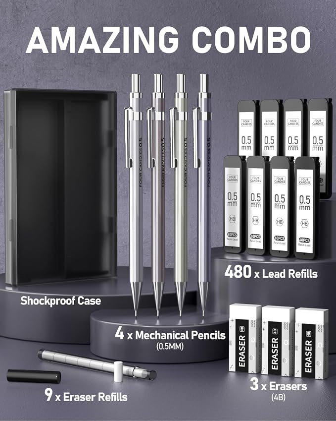 4PCS Metal Mechanical Pencil Set, 0.5mm Fine Point, Pack with Storage Case | 480 Leads, 3 Erasers+9 Refills, For School Writing, Sketching, Art Drawing & Professional Drafting