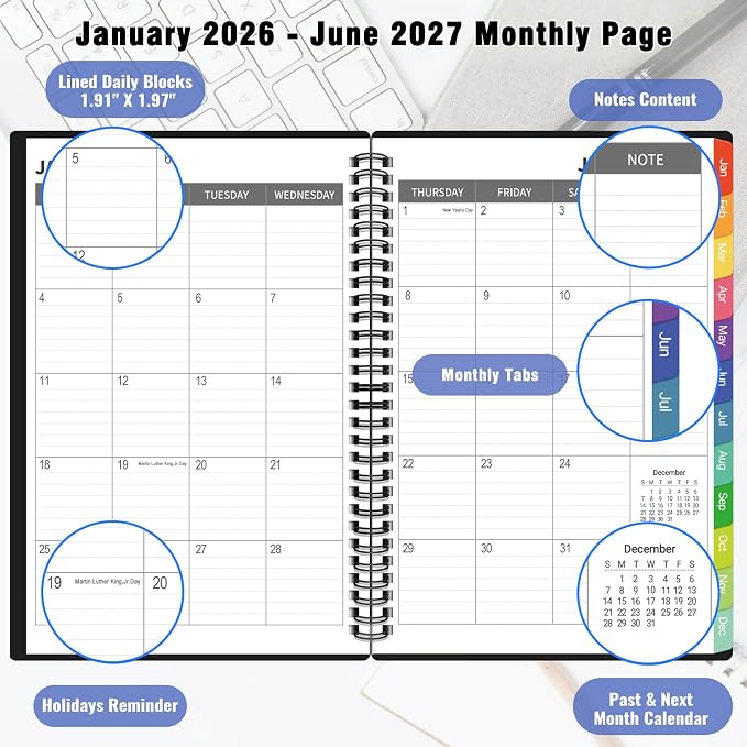 Monthly Planner 2026-2027(7.6'' x 10''), 18 Months Agenda Calendar Planner with Tabs & Pocket, Holidays, Note Pages, Time Management and Hit Your Goals, January 2026 - June 2027, 120GSM Thick Paper