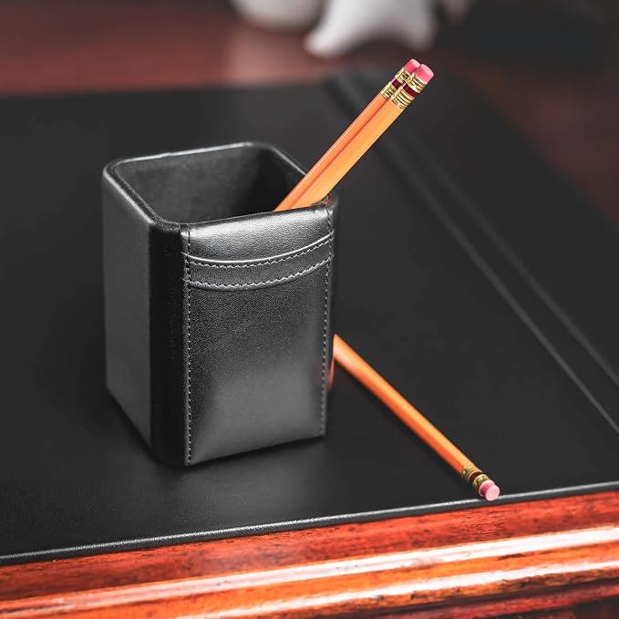 DACASSO Black Leather 11-Piece Desk Set - Luxury Leather Desk Pad & Desk Organization Essentials - Office Organization & Executive Desk Decor - (Silver Accent)