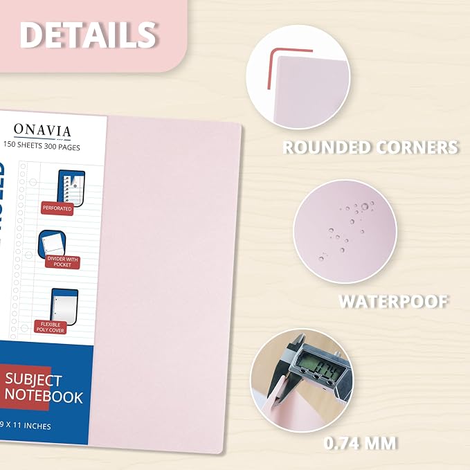 ONAVIA 3 Subject Spiral Notebook College Ruled, 300 Pages | 150 Sheets, 9 x 11 in, Waterproof Plastic Cover, Durable, 3-Hole Punched, Dividers, Double-Sided Pockets