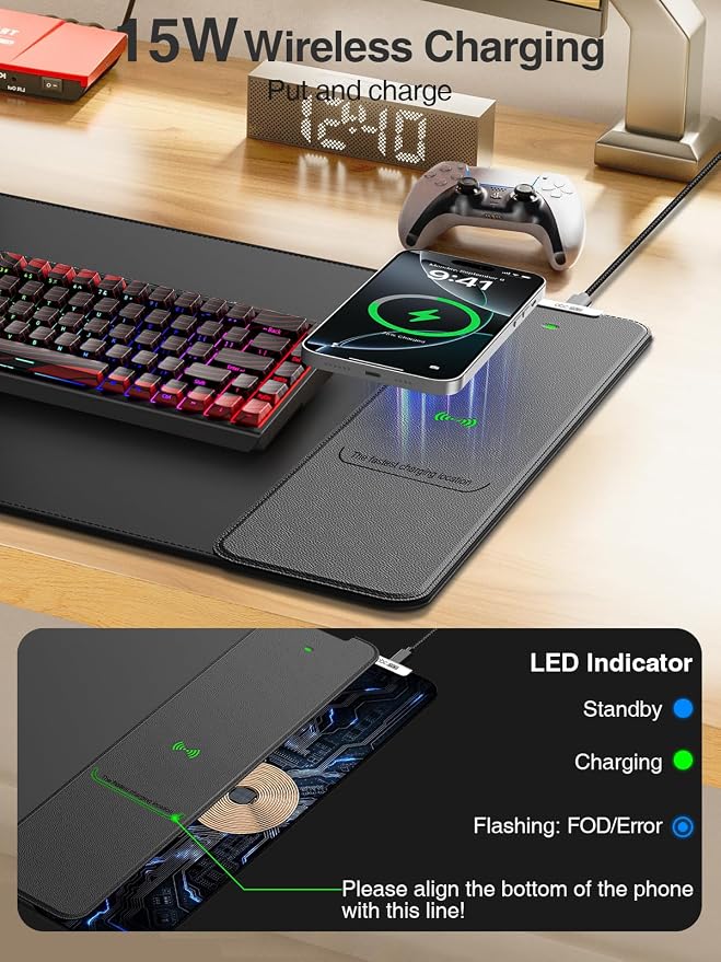 Wireless Charging Mouse Pad, 31.5"x15.8" Large Desk Mat, Smooth Glide | Waterproof Mousepad, Stitched Edge, Non-Slip Rubber Base, Desk Pad Computer Keyboard Mat, No Adapter