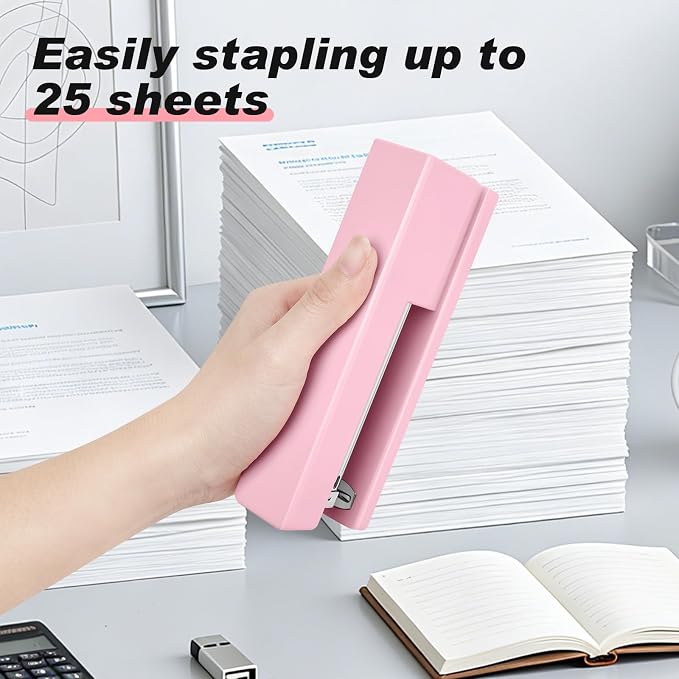 Office Desktop Stapler - 25 Sheet Capacity with 830 Staples and Staple Remover,Staplers for Desk,Non-Slip for School, Home, Pink