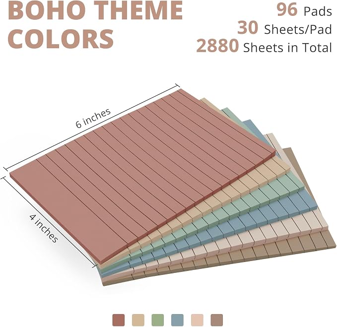 Lined Sticky Notes, 96 Pads, 4x6 Inches, Large Sticky Notes with Lines, Memo Note Pads in Multi Colors, 30 Sheets/Pad, Super Sticking Power for Office ＆ Home & Planning - Vintage