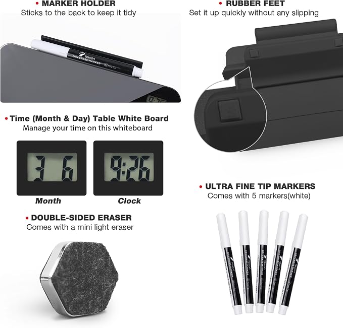 TOWON Small White Board for Desk with Clock, Small Desktop Whiteboard Glass with Pen Holder, Time Reminder Dry Erase Board, Whiteboard for Desk, Digital LCD Display, for Home Office, Black, 8 x 6 in