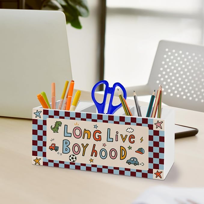Retro Long Live Boyhood Pen Pencil Holder for Desk Accessories | Boys Room decor, Blue Red Checkered Pen Pencil Holder Organizer Wooden Box Sign for Kids Boys Nursery Playroom Classroom Desk