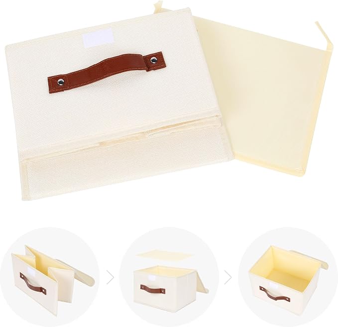 ANMINY 2PCS Storage Bins with Lid PU Leather Handles Storage Boxes PP Plastic Board Decorative Foldable Lidded Cotton Linen Fabric Home Cubes Baskets Closet Organizer Containers - Beige, Small Size