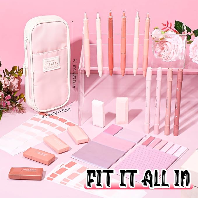 38 Pcs Aesthetic Office Supplies with Pen Case Sticky Notes Gel Pens Highlighters Correction Tapes Stationery Kit for Office Work Coworkers(Pink Color,Classic)