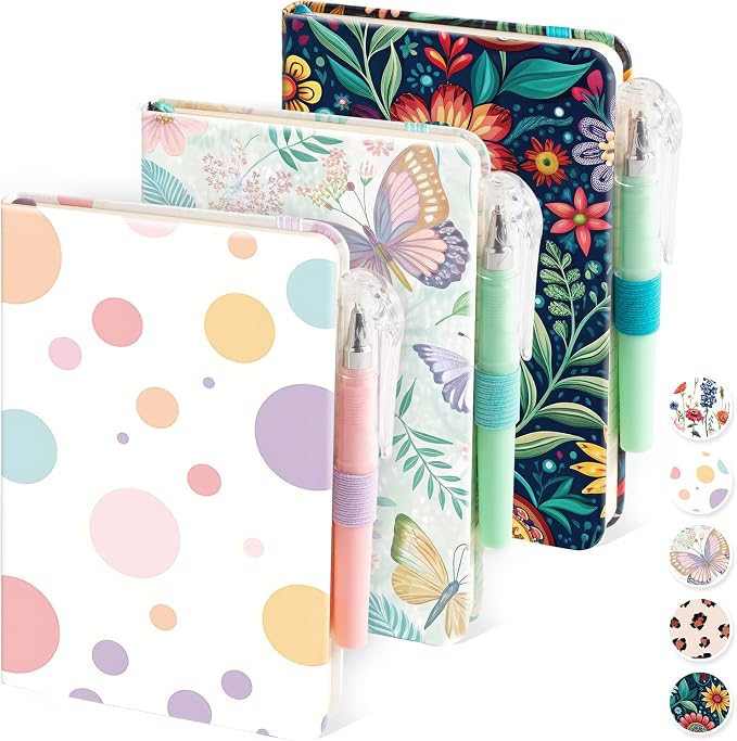 NIRMIRO (3 Pack) Aesthetic Small Journal Notebook, A6 (3.7" x 5.7") Mini Pocket Notebook with Pen, 100GSM Lined Paper, Cute Small Journal for Kids/Girls/Women, Colorful Bubbles Butterfly Floral