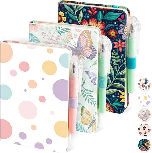 NIRMIRO (3 Pack) Aesthetic Small Journal Notebook, A6 (3.7" x 5.7") Mini Pocket Notebook with Pen, 100GSM Lined Paper, Cute Small Journal for Kids/Girls/Women, Colorful Bubbles Butterfly Floral
