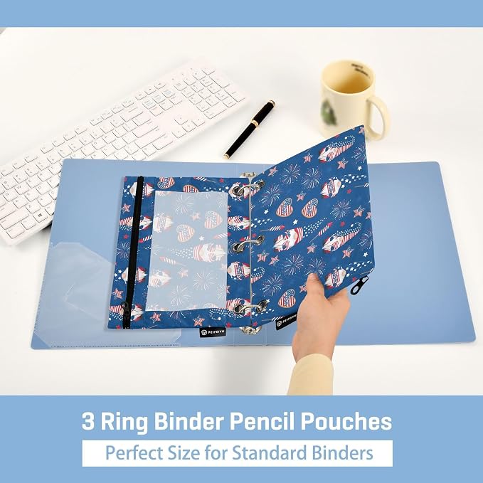 Emelivor Gnome 4th July Pencil Pouch for 3 Ring Binder 2 Pcs Binder Pouches with Zipper Pocket Pencil Case Bag with Clear Window for College Office Daily Supplies