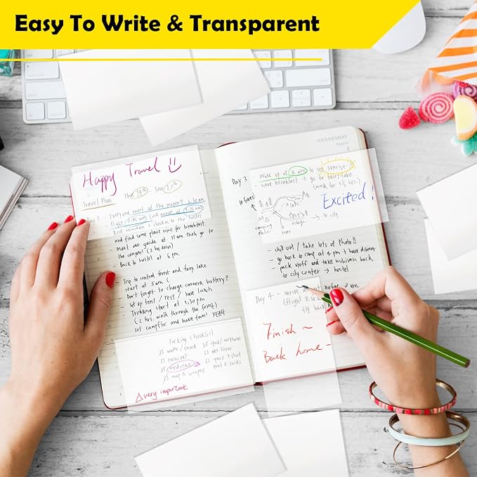 3x5 Inch Transparent Sticky Notes, 200 Sheets Large Translucent Self-Adhesive Clear See Through Post Sticky Notes for Office Woman School Classroom Teacher College Supplies Tabs 4 Pads White