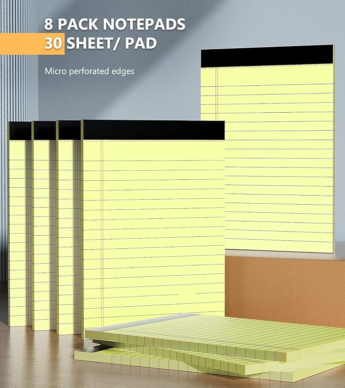 Yellow Legal Pads 4x6, 8 Pack, Narrow Ruled, Perforated,30 Sheets per Pad | Thick Paper, Ink Bleed Resistant, Smooth Writing Durable Cardboard Back, Easy Tear-Off Pages，Double-Sided,Pocket Size