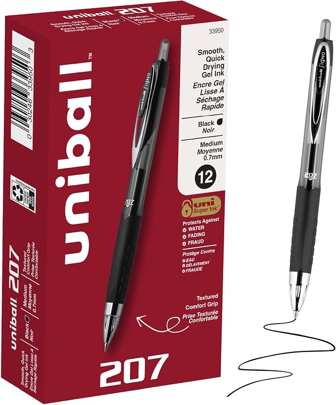 uniball™ 207 Gel Pens, Black Ink, 0.7mm Medium Point, Retractable, 12 Count, Smooth Writing, Fraud-Resistant, uni Super Ink™