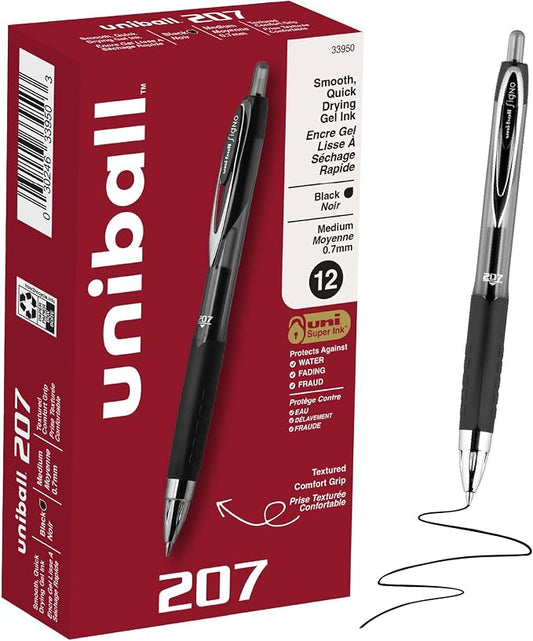 uniball™ 207 Gel Pens, Black Ink, 0.7mm Medium Point, Retractable, 12 Count, Smooth Writing, Fraud-Resistant, uni Super Ink™