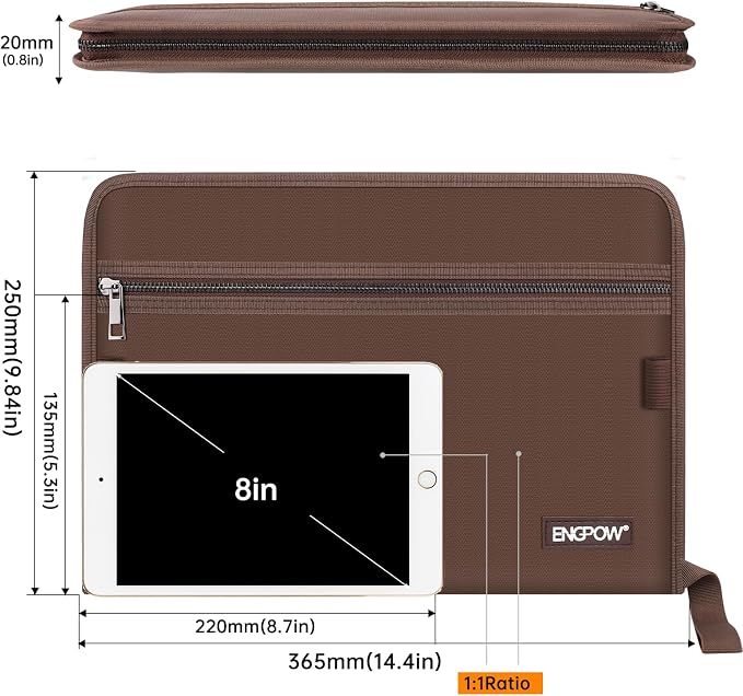 ENGPOW Expanding File Folder,Fireproof 13 Pockets Document Organizer Bag | Accordion File Organizer with Zipper＆Labels,Portable Home Travel Safe Storage for Important Files,Papers,Letter Size,Brown