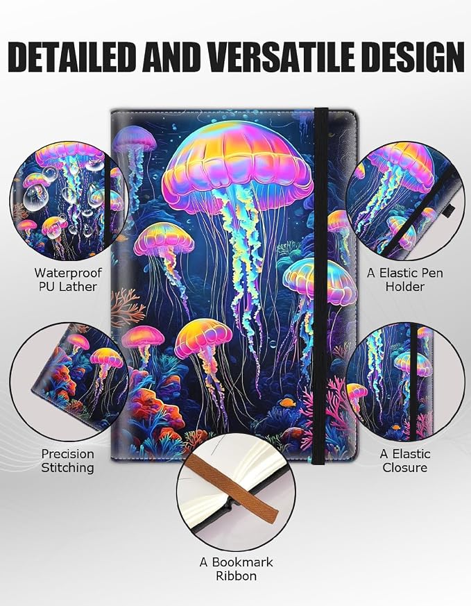 Hardcover Executive Notebooks, A5 PU Leather Lined Journal Notebook, 200 Pages Thick Paper Subject Notebooks for School,Work,Home Writing Business Notebook, Diary Book ，Colorful Jellyfish