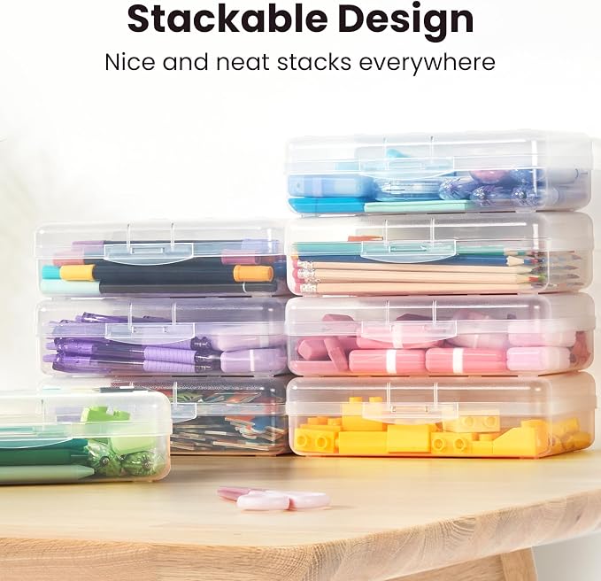 Sooez Clear Pencil Case 6 Pack – Plastic Pencil Box & Crayon Box Bulk, Large Storage Containers with Snap Lids | Stackable Marker Craft & Art Supply Storage Organizer, Pen Case for School Supplis,Blue