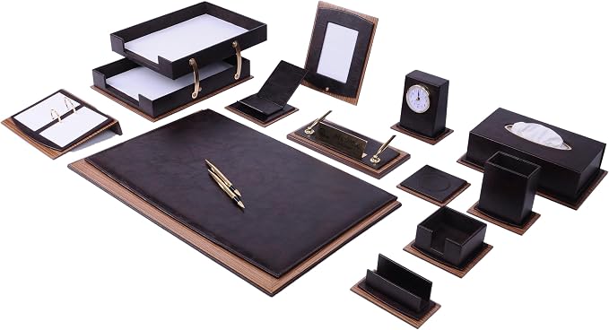 Star Lux Bonded Leather Executive Desk Set – Luxury Desk Organizer & Office Accessories, 14-Piece Set with Desk Pads, Double Document Tray, Clock & Gift-Ready Design