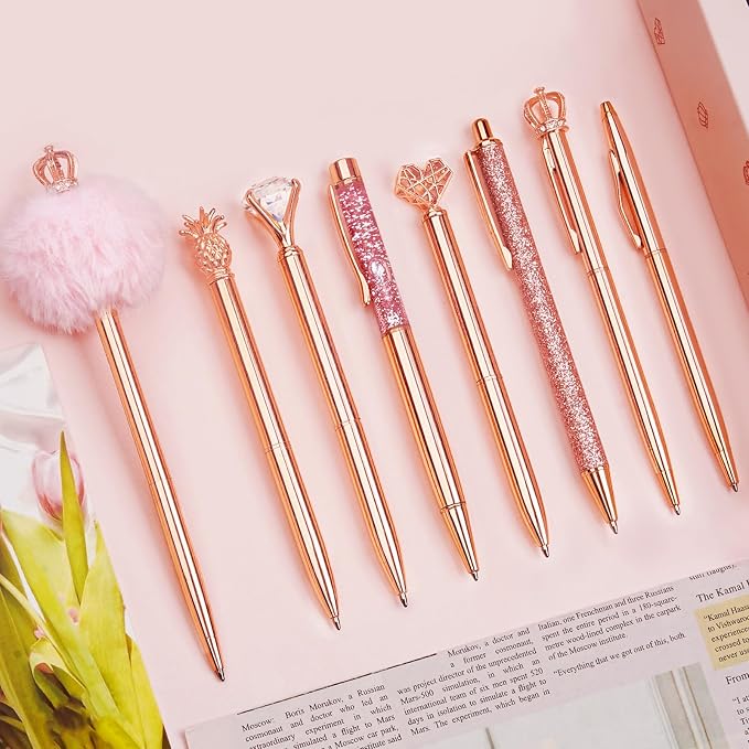 WEMATE 8Pcs Rose Gold Pens Crystal Diamond Pens with Black & Blue Ink | Fancy Pens for Journaling, Office & Gift Supplies for Women Girls, Birthday and Back to School