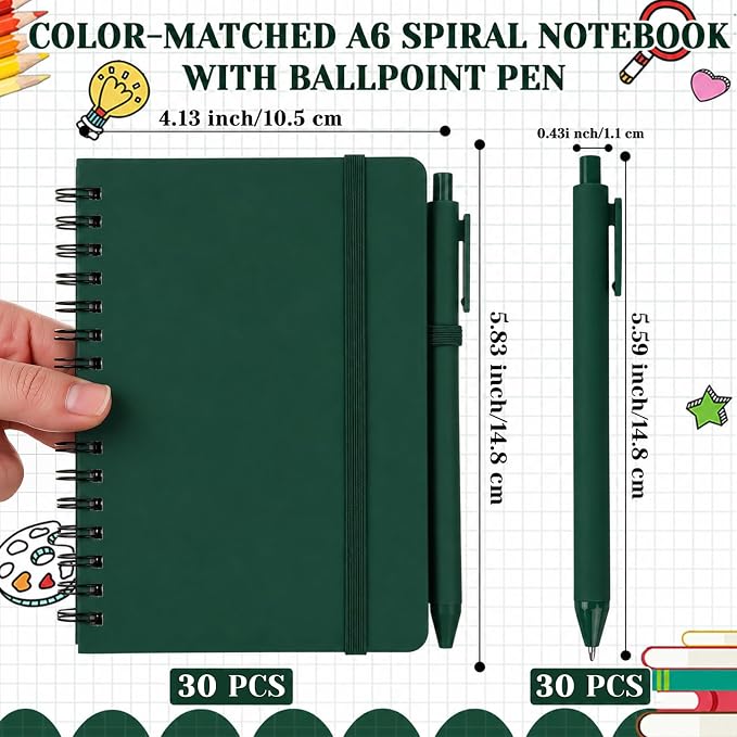 Fulmoon 30 Set Small Spiral Notebooks A6 with Pens Bulk, Multicolor 4" x 6" Pocket Notebooks Mini Lined Journals 50 Sheets for Back to School Supplies Students Rewards Office Gifts (Forest Green)