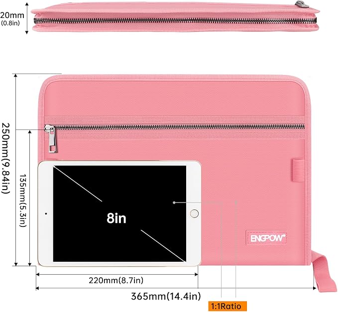 ENGPOW Expanding File Folder,Fireproof 13 Pockets Document Organizer Bag | Accordion File Organizer with Zipper＆Labels,Portable Home Travel Safe Storage for Important Files,Papers,Letter Size,Pink