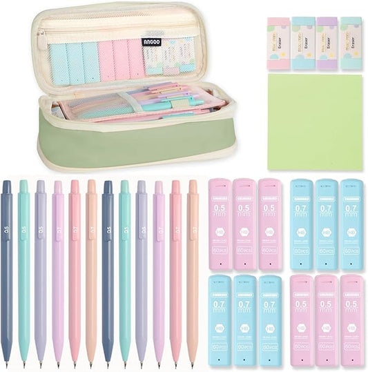 Aesthetic School Supplies with Cute Pencil Case, 12x Pastel Mechanical Pencils 0.5 & 0.7mm with 720x HB Leads, 4x Erasers and 1x Sticky Note, Suitable for Writing, Drafting Drawing Sketching(green)