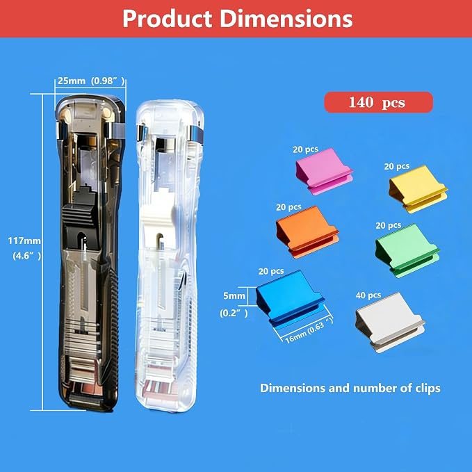 Reusable Portable Binder Clip Stapler Set (2-Pack) — 40-Sheet Capacity, Includes 140 Metal Refill Clips (40 Silver + 100 Assorted Colors) — Ideal for Home, School, and Office Use (Black & White)