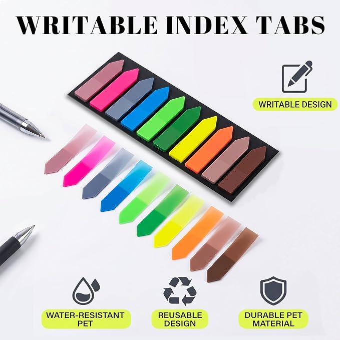 Ericter Arrow Sticky Tabs 1200PCS Writable Repositionable Translucent PET Page Markers Book Tabs Index Flags, Book Annotation Tabs for Notebooks Study Office School Supplies