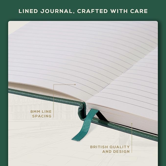 BEECHMORE BOOKS Premium Lined Leather Journal for Men & Women, 5" x 8" (A5) Thick 120gsm Ivory Cream Paper Notebook, Hardcover Vegan Leather Personal Diary, With Gift Box (Dartmouth Green)