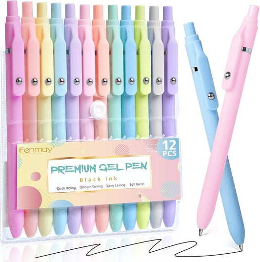 Fenmay Gel Pens, 12 Pcs 0.5mm Fine Point Aesthetic Pens, Quick Dry No Smudge, Smooth Writing Comfortable Grip Pen, Cute Black Ink Journaling Pens for School Supplies Office Desk Accessories
