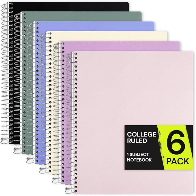 ONAVIA 1 Subject Spiral Notebook College Ruled 6 Pack, 200 Pages, Assorted | 100 Sheets, 9 x 11 in, Waterproof Plastic Cover, Durable, 3-Hole Punched, Divider, Double-Sided Pocket, Study