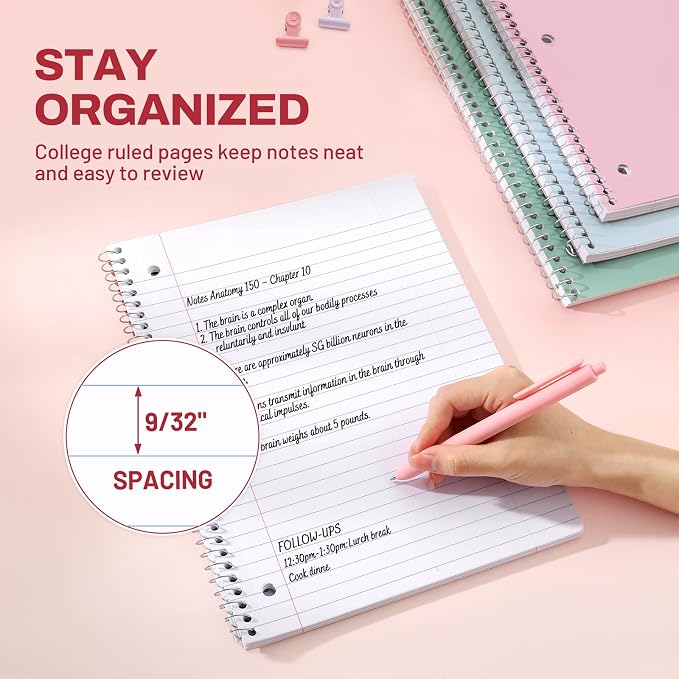 SUNEE Spiral Notebooks, 3 Pack, 1-Subject, College Ruled Paper, 8" x 10-1/2", 70 Sheets per Notebook, Assorted Pastel Colors Spiral Notebooks for School