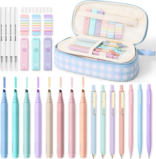 SUNEE 35PCS Aesthetic Stationery Set with Cute Pencil Case, Pastel Highlighters, Black Gel Pens, Mechanical Pencils & Refills, College School Supplies for Students Girls Blue Checkered