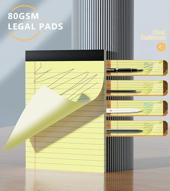 Yellow Legal Pads 4x6, 8 Pack, Narrow Ruled, Perforated,30 Sheets per Pad | Thick Paper, Ink Bleed Resistant, Smooth Writing Durable Cardboard Back, Easy Tear-Off Pages，Double-Sided,Pocket Size