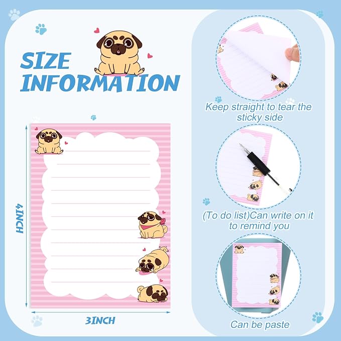 Chiisong 12 Pieces Pug Puppies Sticky to Do List Dog Sticky Notes Puppy Lover Gifts 3 x 4 Inch Adhesive Notepad for Memo Reminder Journal Studying Home Gift Office Decor Accessories