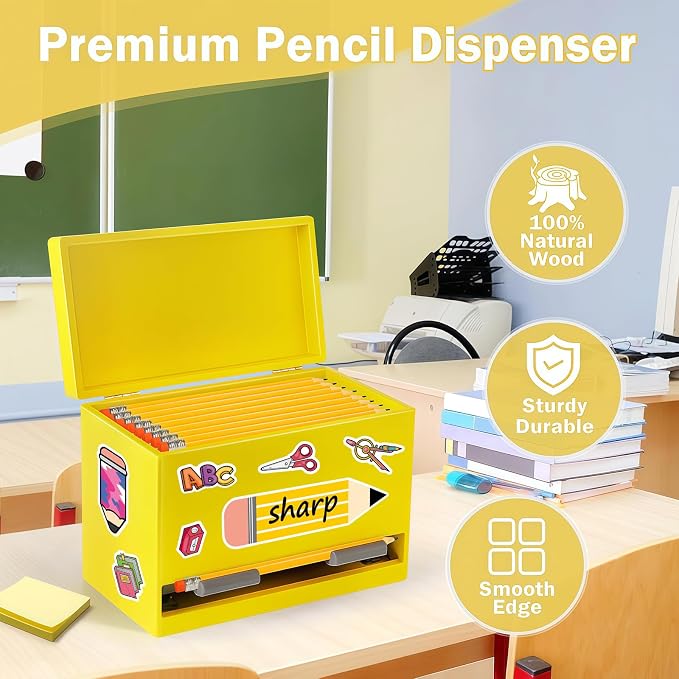 Aigybobo Pencil Dispenser for Classroom, Wooden Pencil Holder for Desk, Teacher Must Haves for Organization and Storage, Pencils Straw Dispenser for Classroom Office Kitchen Restaurant