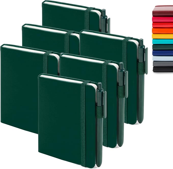 feela 6 Pack Pocket Mini Notebooks Bulk, Small Cute Memo Notepads Hardcover College Ruled Lined Journals with Pen Holder for School Business Work, with 6 Black Pens, 3.5”x 5.5”, A6, Dark Green