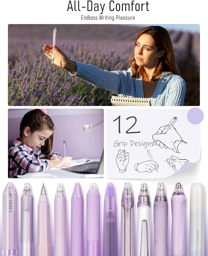Four Candies Purple Pens, Black Gel Ink, Lavender - 12ct, 0.5mm Fine Point | School Supplies, Desk Accessories & Office Essentials for Women