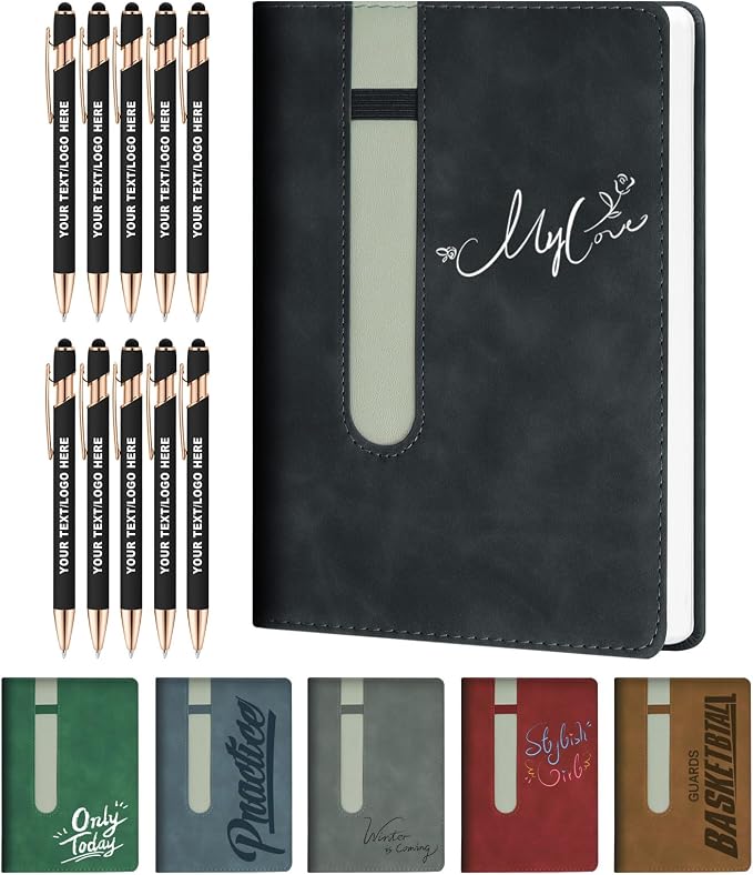 ENOMY Personalized Notebook Journal with 10 PC Pens Gifts Set Custom Notebook 240 Pages A5 Lined Journal for Men Women Hardcover Notebooks for Work College Graduation Gifts, Black
