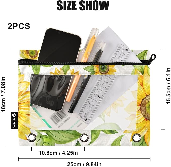 ALAZA Yellow Sunflower Flower Pencil Pouch for 3 Ring Binder 2 Pack Zipper Binder Pencil Bag Case with Clear Window Office Supplies