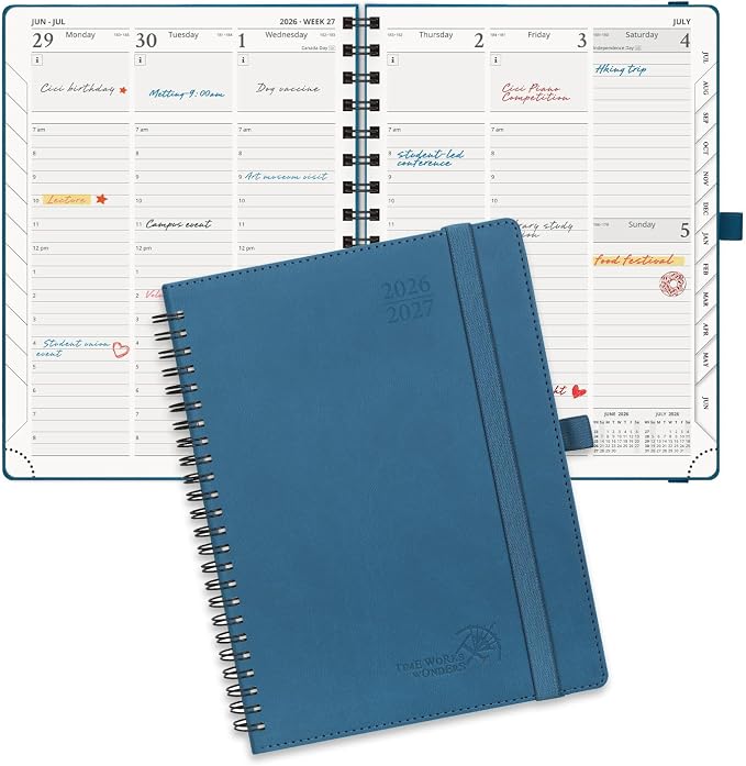 POPRUN Planner 2026-2027 (Medium - 6.5'' x 8.5'') Academic Weekly Planner | Calendar(July 26-June 27) Appointment Book with Hourly Time Slots, Monthly Tabs, 100GSM, Spiral Leather Cover -Night Sky Blue
