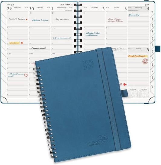 POPRUN Planner 2026-2027 (Medium - 6.5'' x 8.5'') Academic Weekly Planner | Calendar(July 26-June 27) Appointment Book with Hourly Time Slots, Monthly Tabs, 100GSM, Spiral Leather Cover -Night Sky Blue