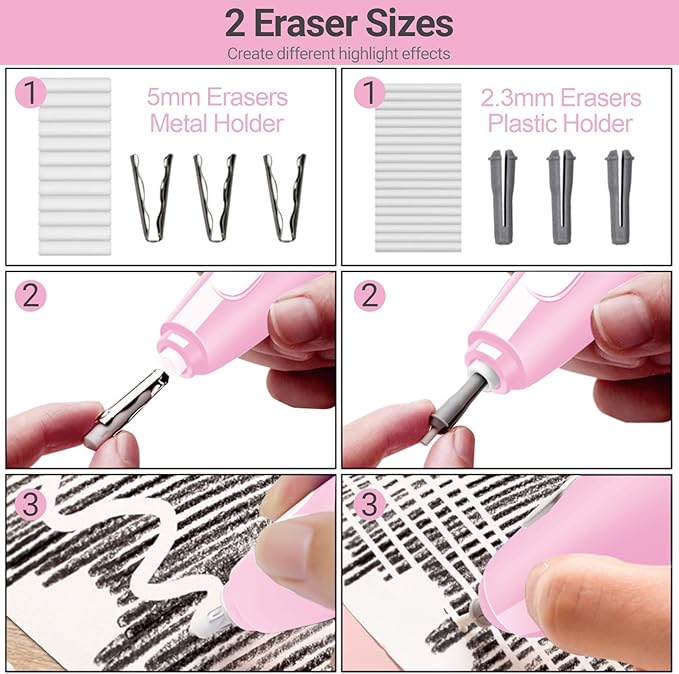 AFMAT Electric Eraser, with 140 Eraser Refills, Rechargeable Pencil Erasers for Artists, Electric Erasers for Drafting, Drawing, Painting, Sketching, Architectural Plans, Detailer Tool EE04(Pink)